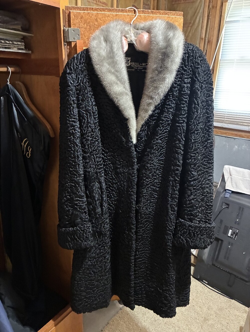Vintage Kresel & Wolf Black Persian Lamb Fur Coat with Gray Mink Collar